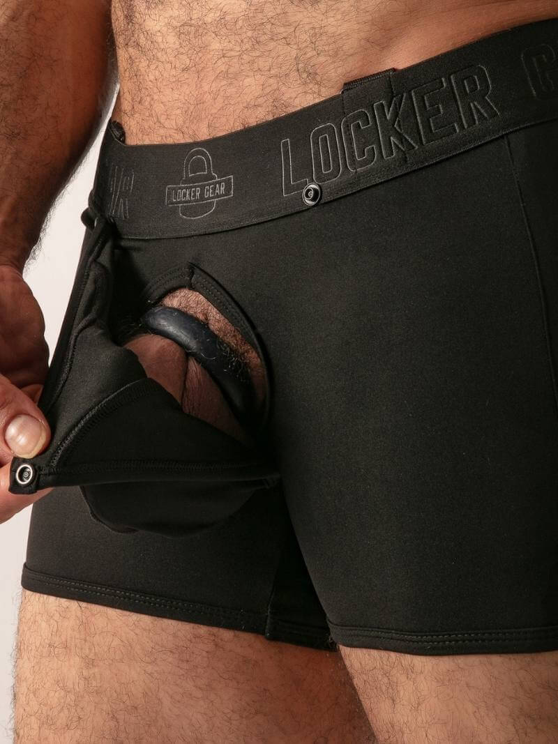 Black underwear with a visible brand logo on a white background