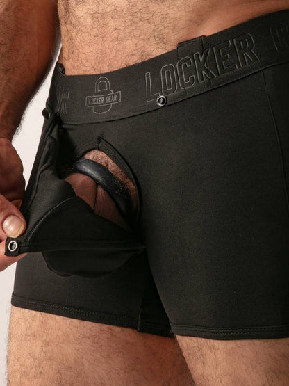 Black underwear with a visible brand logo on a white background