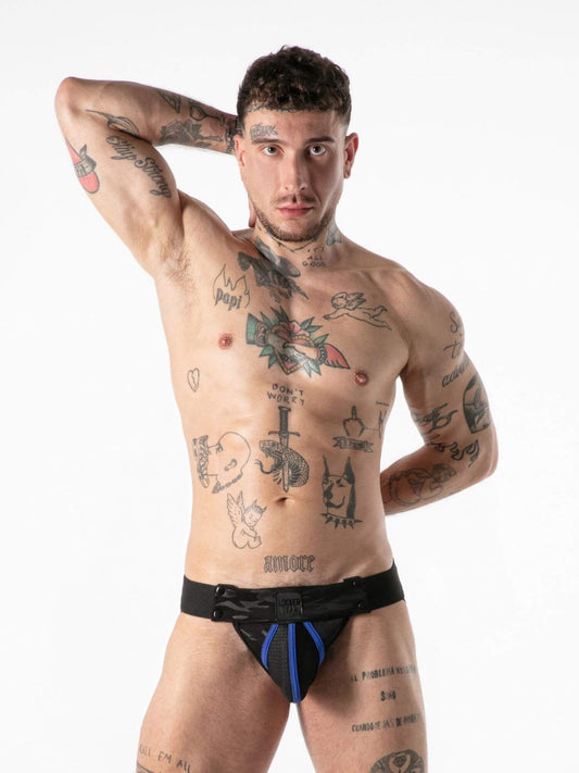 Man wearing black underwear with blue waistband on a white background