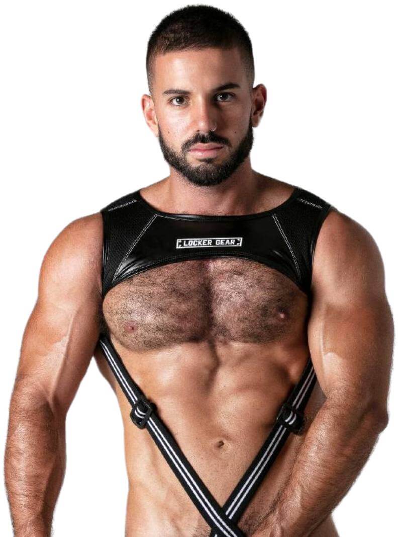 Man wearing a black leather harness with 'Locker Gear' branding on a white background