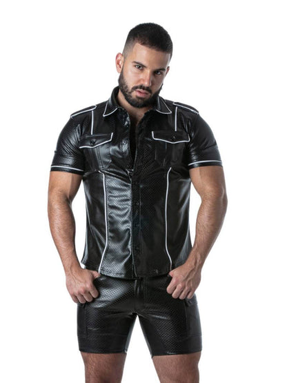 Men's Leatherette Faux Leather Buttoned and Collard Short Sleeve Shirt