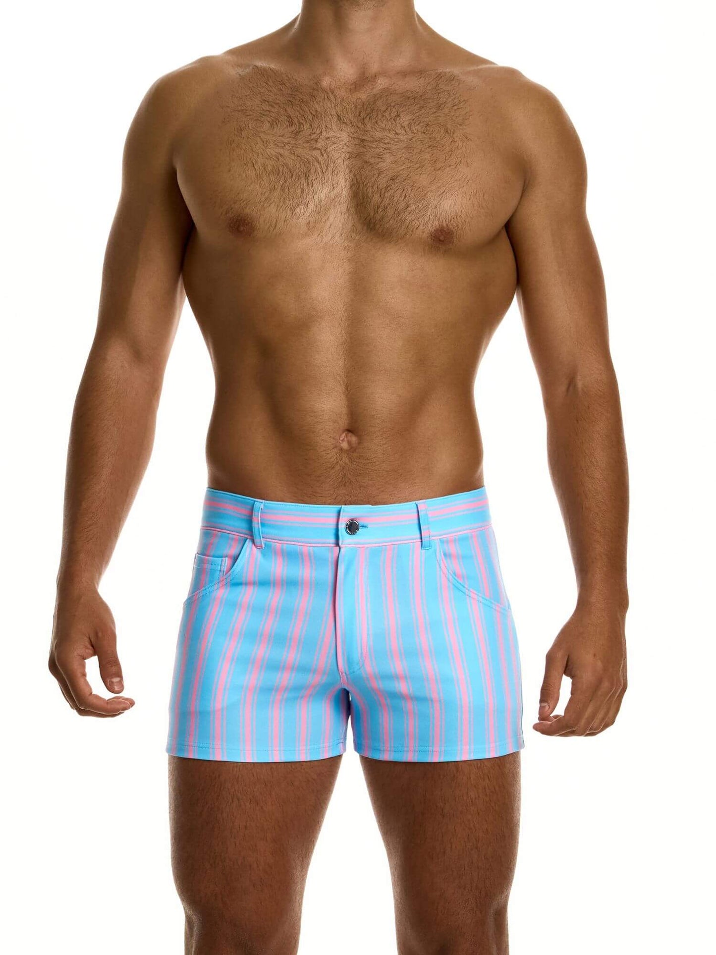 Man wearing aqua shorts with pink stripes on a white background