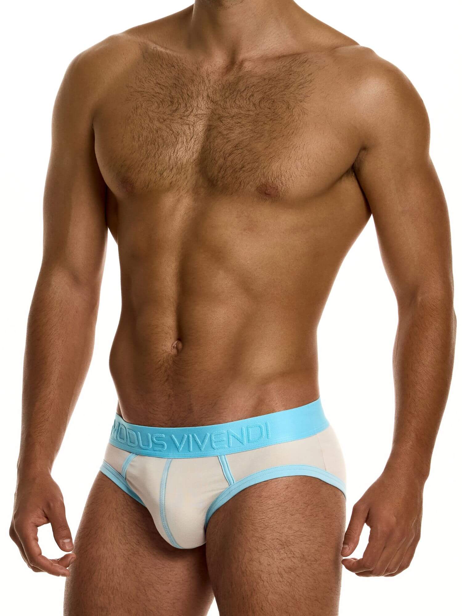 Man wearing a beige and light blue underwear set with 'Vivendi' branding on a white background