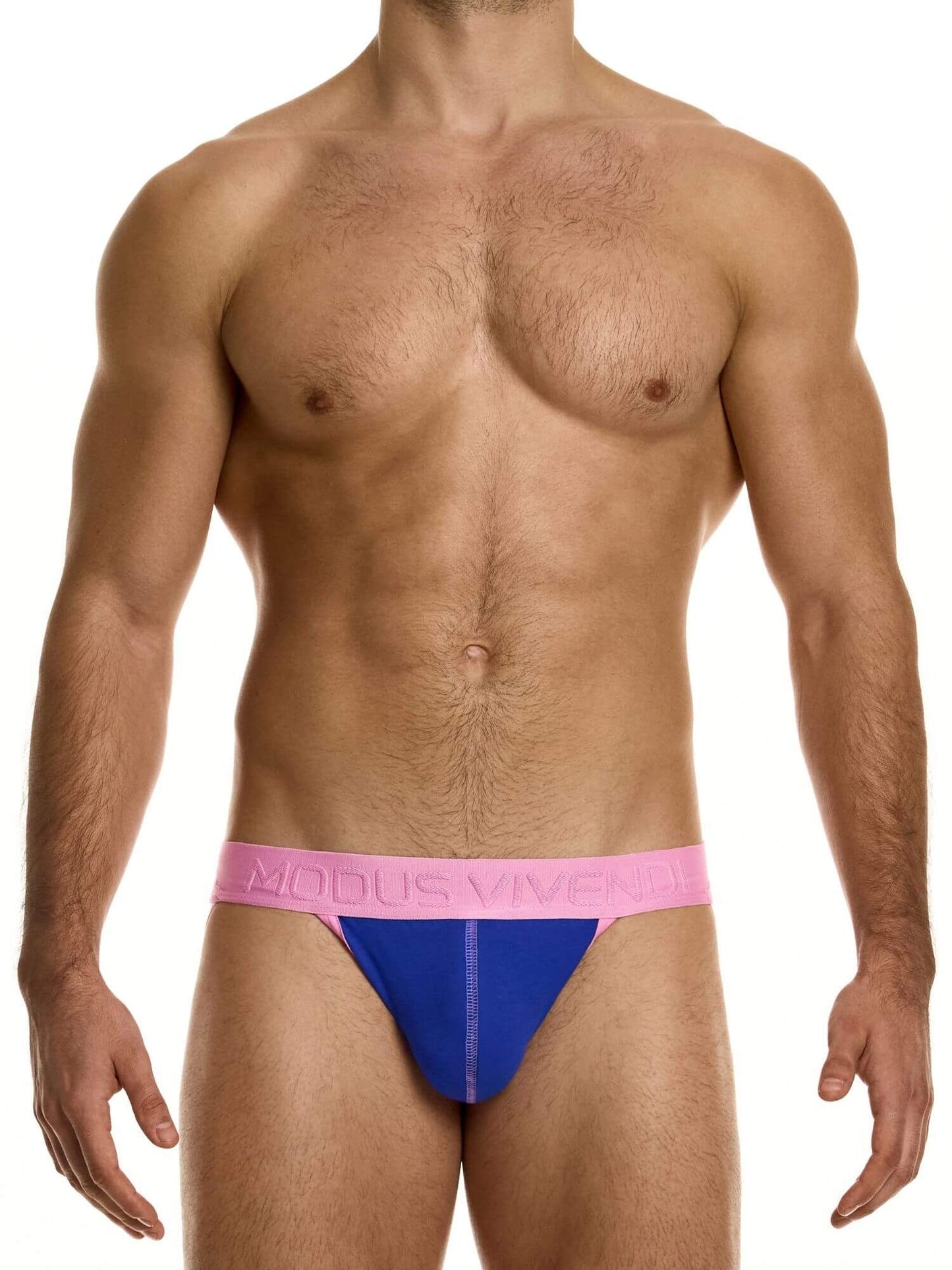 Man wearing a blue and pink underwear set on a white background