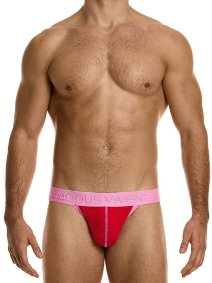 Man wearing a red and pink men's underwear set on a white background