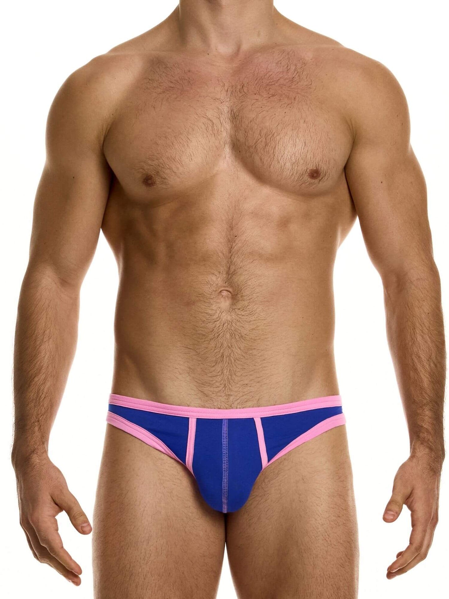 Man wearing a blue and pink men's underwear on a white background