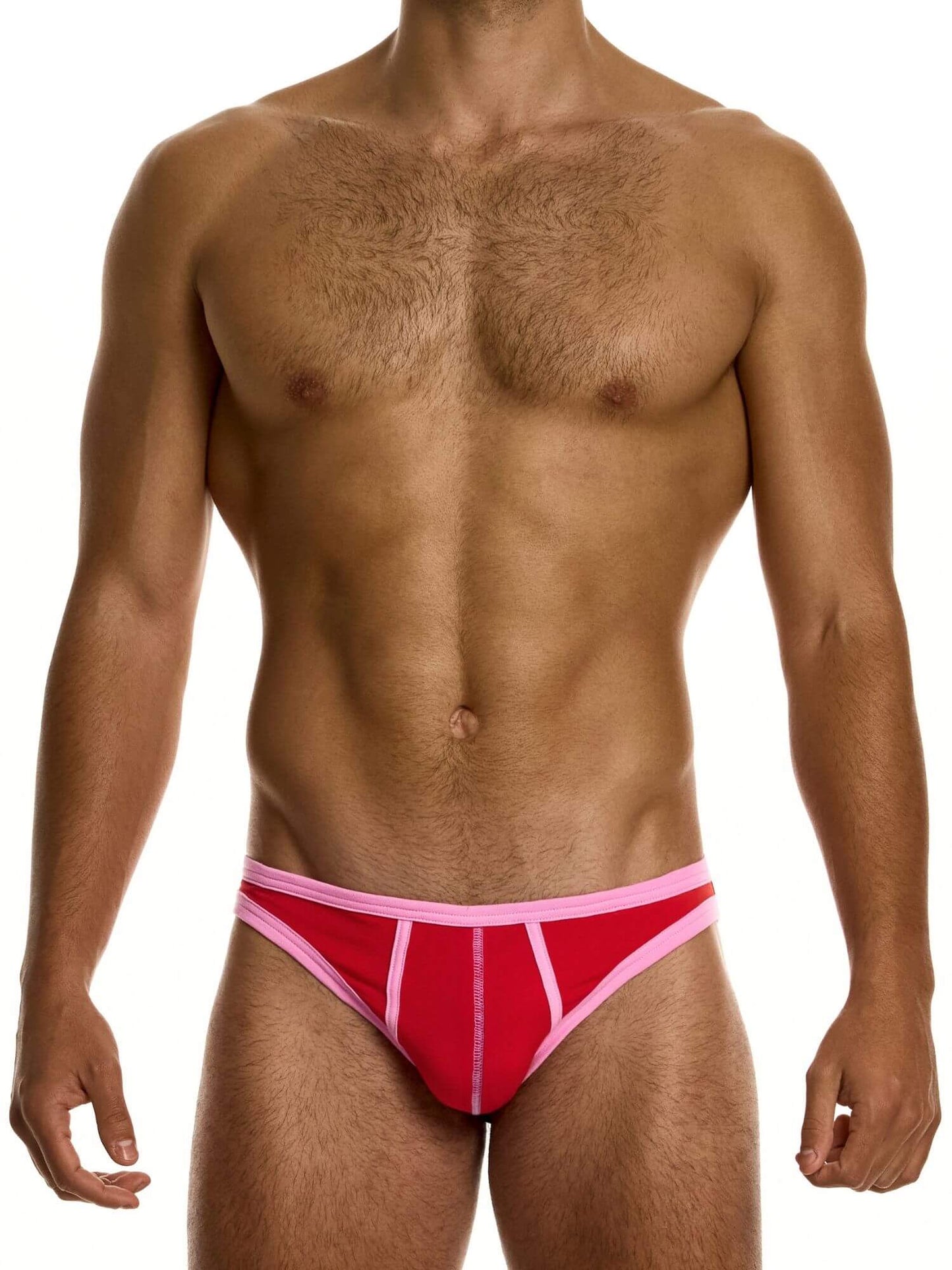 Man wearing red and pink men's underwear on a white background