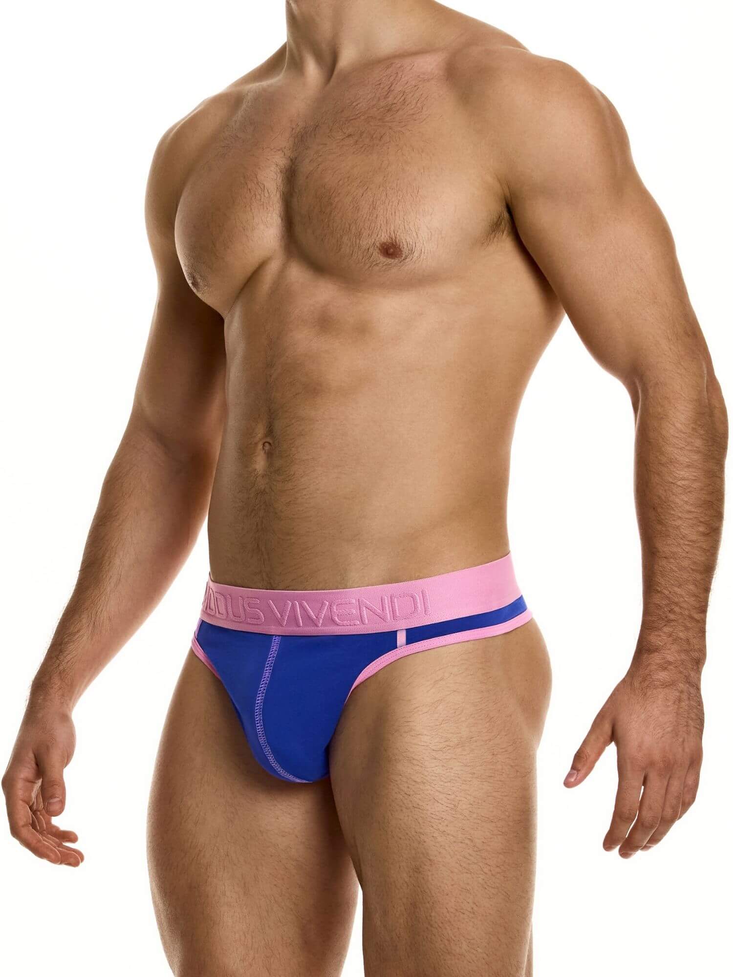 Man wearing a blue and pink underwear with a visible brand logo on a white background