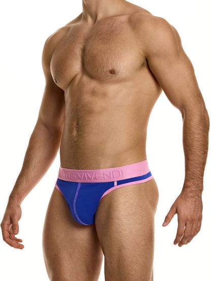 Man wearing a blue and pink underwear with a visible brand logo on a white background