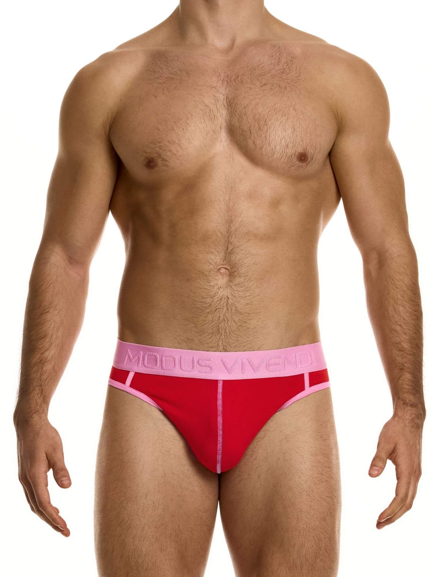 Man wearing a red and pink underwear with 'Modus Vivendi' branding on a white background