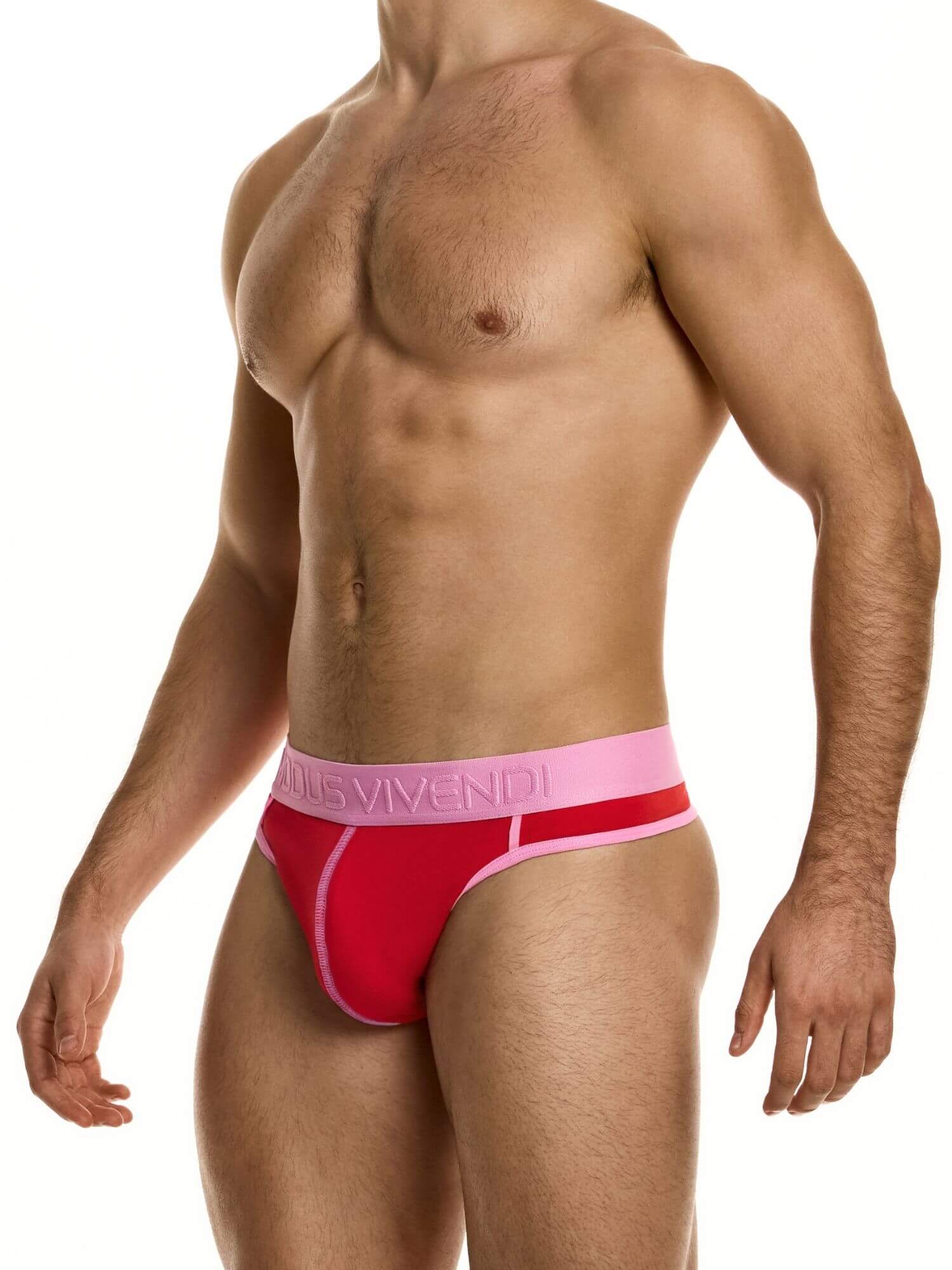 Man wearing red and pink underwear with branding on a white background
