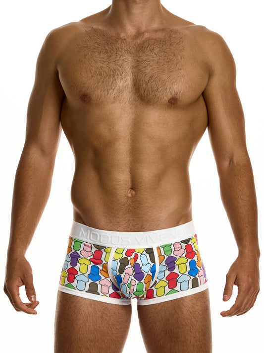 Man wearing colorful patterned underwear on a white background