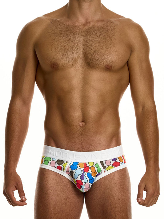 Man wearing colorful men's underwear on a white background