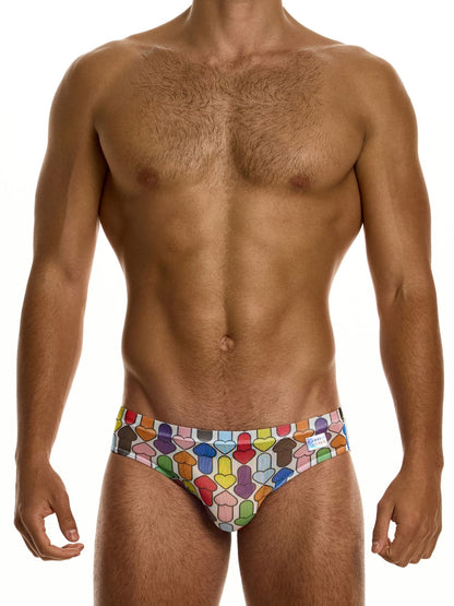 Man wearing colorful patterned men's underwear on a white background