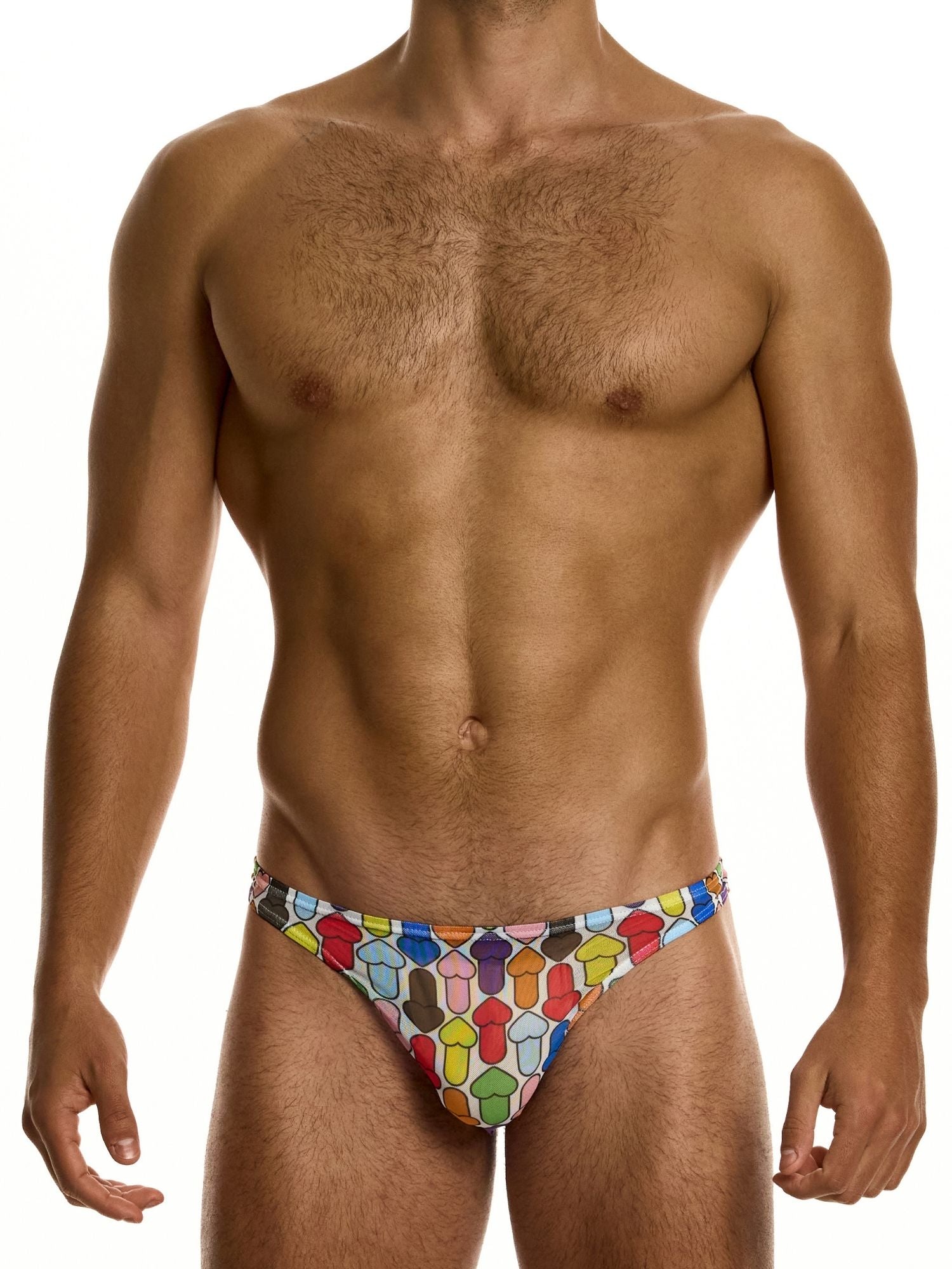 Man wearing colorful geometric-patterned sheer thong on a white background