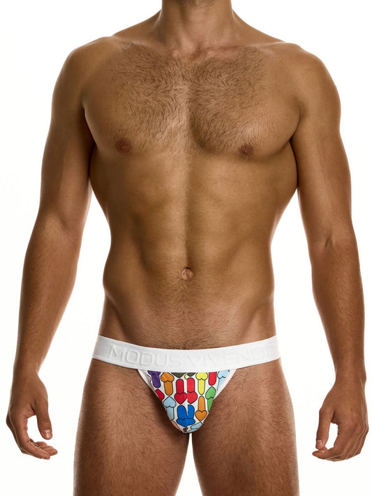 Man wearing colorful men's underwear on a white background