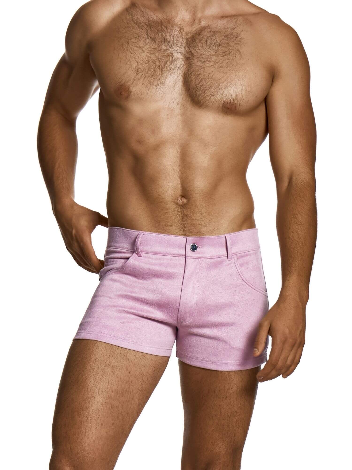 Man wearing light pink shorts on a white background