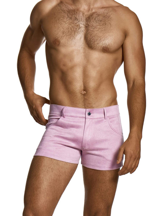 Man wearing light pink shorts on a white background