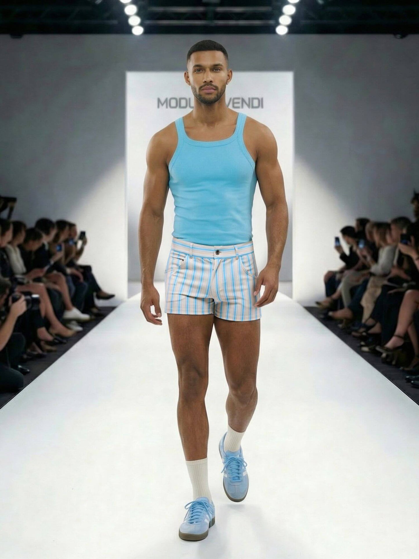 Model walking on a runway wearing a light blue tank top and shorts with a visible brand logo.