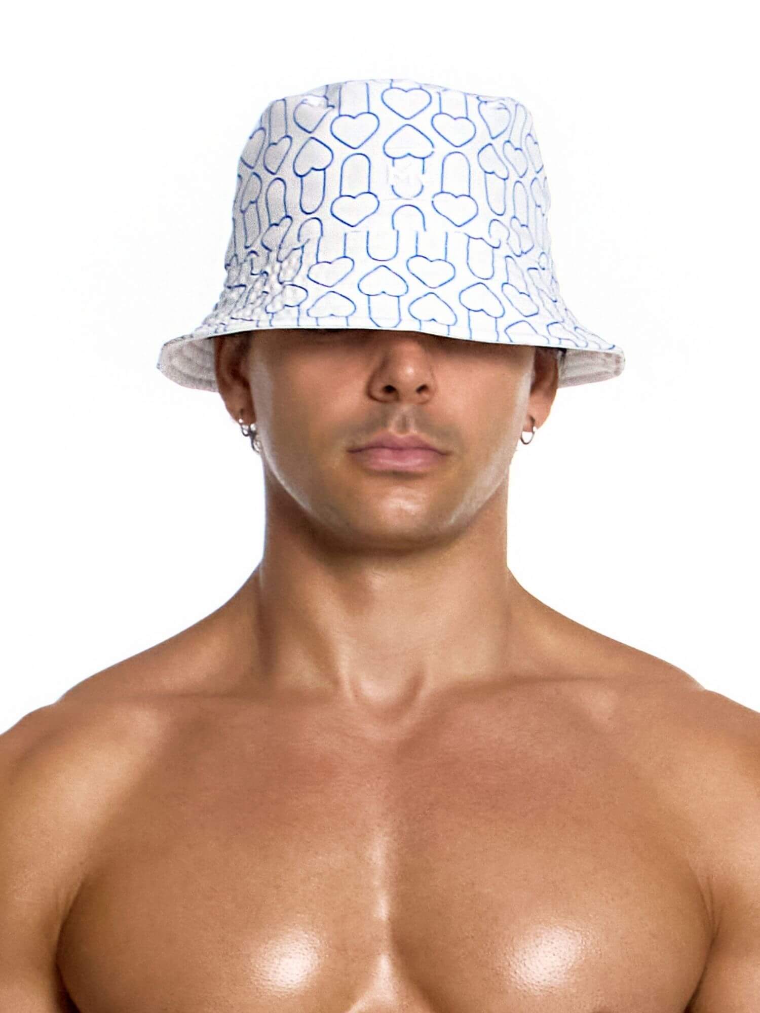 Man wearing a white bucket hat with blue patterns on a white background