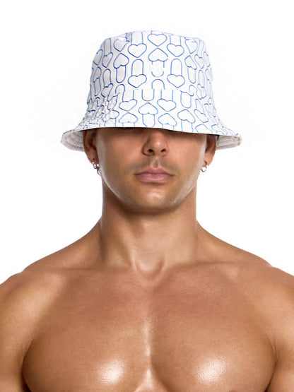 Man wearing a white bucket hat with blue patterns on a white background
