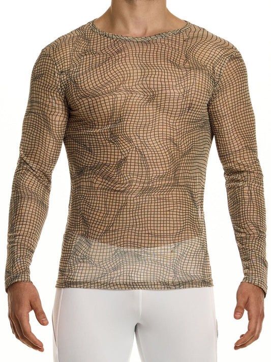 Man wearing a long-sleeve patterned shirt on a white background