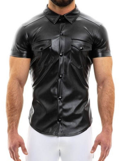 Mens MODUS VIVENDI Leather Shirt: Faux Leather, Short Sleeves, Collared, Button Up