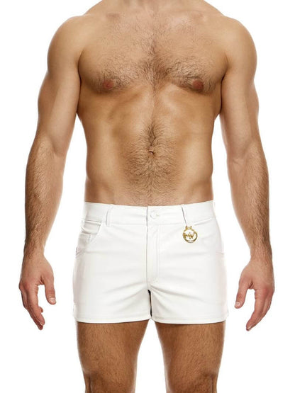 A man wearing black leather-look 5 pocket shorts with a metallic MV logo.