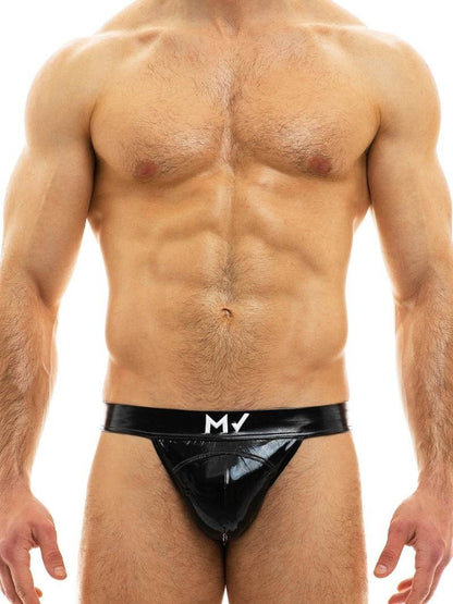A model wearing a bright yellow, low-rise, elasticated waistband tanga brief by MODUS VIVENDI.