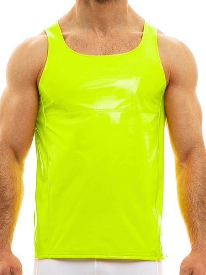 A person wearing a red, shiny PVC look sleeveless tank top with the MODUS VIVENDI logo at the back.