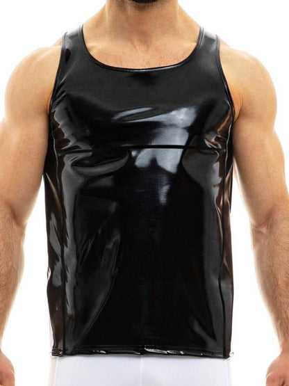 A person wearing a red, shiny PVC look sleeveless tank top with the MODUS VIVENDI logo at the back.