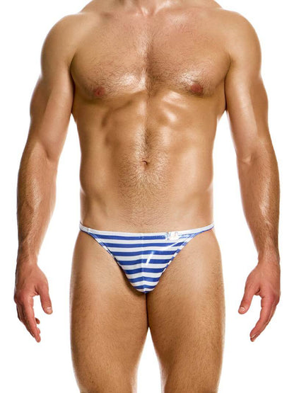 A model wearing a Modus Vivendi laminated striped swimming thong with a shiny blue or red striped body and a Modus Vivendi holographic brand label.
