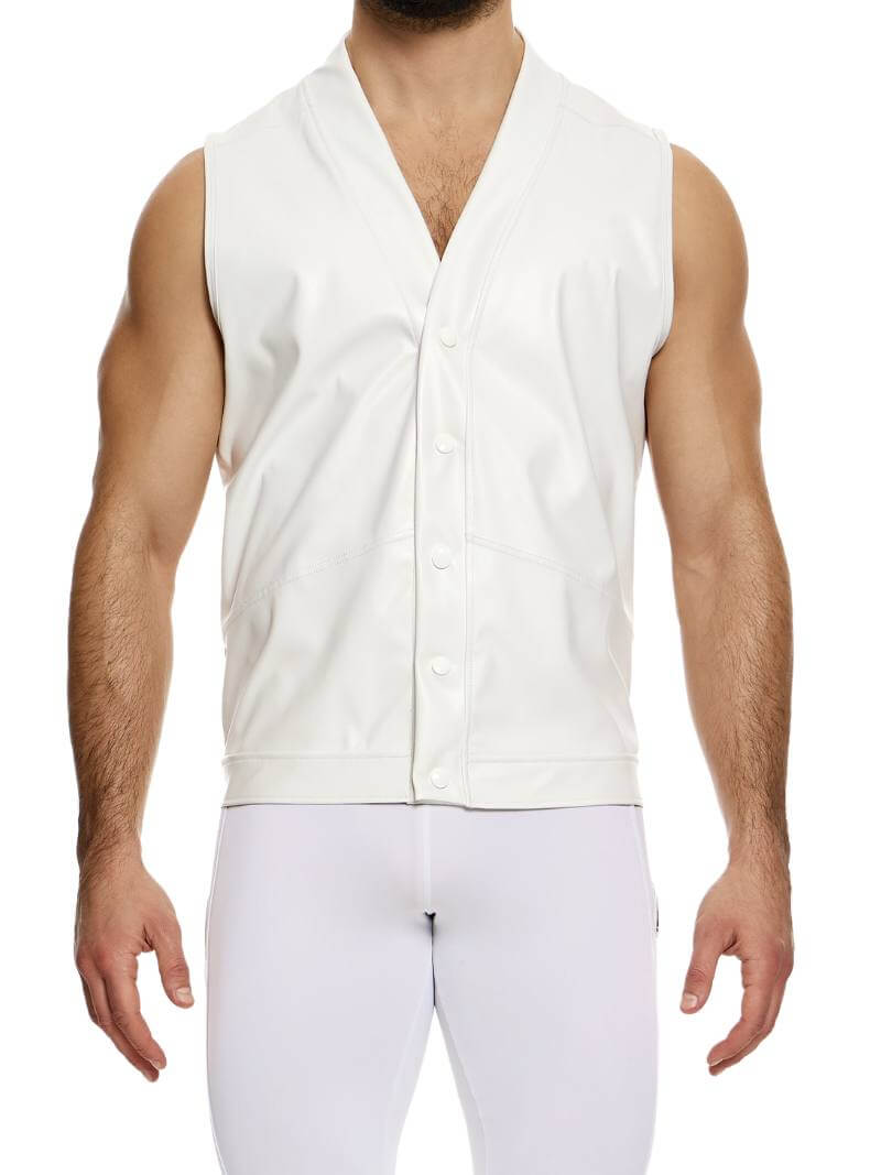 A male model wearing a white sleeveless leather vest with a V-neck and button-up front, featuring gold MV metallic logo at the chest.