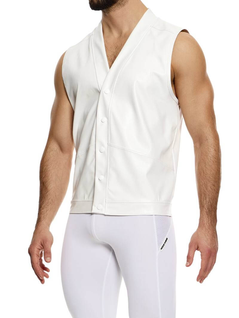 Mens MODUS VIVENDI Leather Vest: Sleeveless, Button-Up, V-Neck