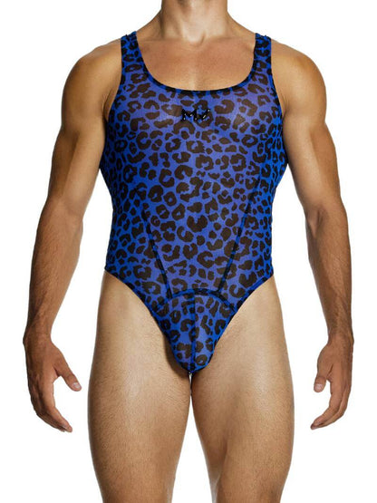 A male model wearing a blue leopard print sheer mesh bodysuit with a contoured pouch and thong back.