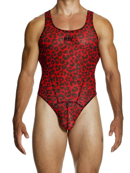 A male model wearing a blue leopard print sheer mesh bodysuit with a contoured pouch and thong back.