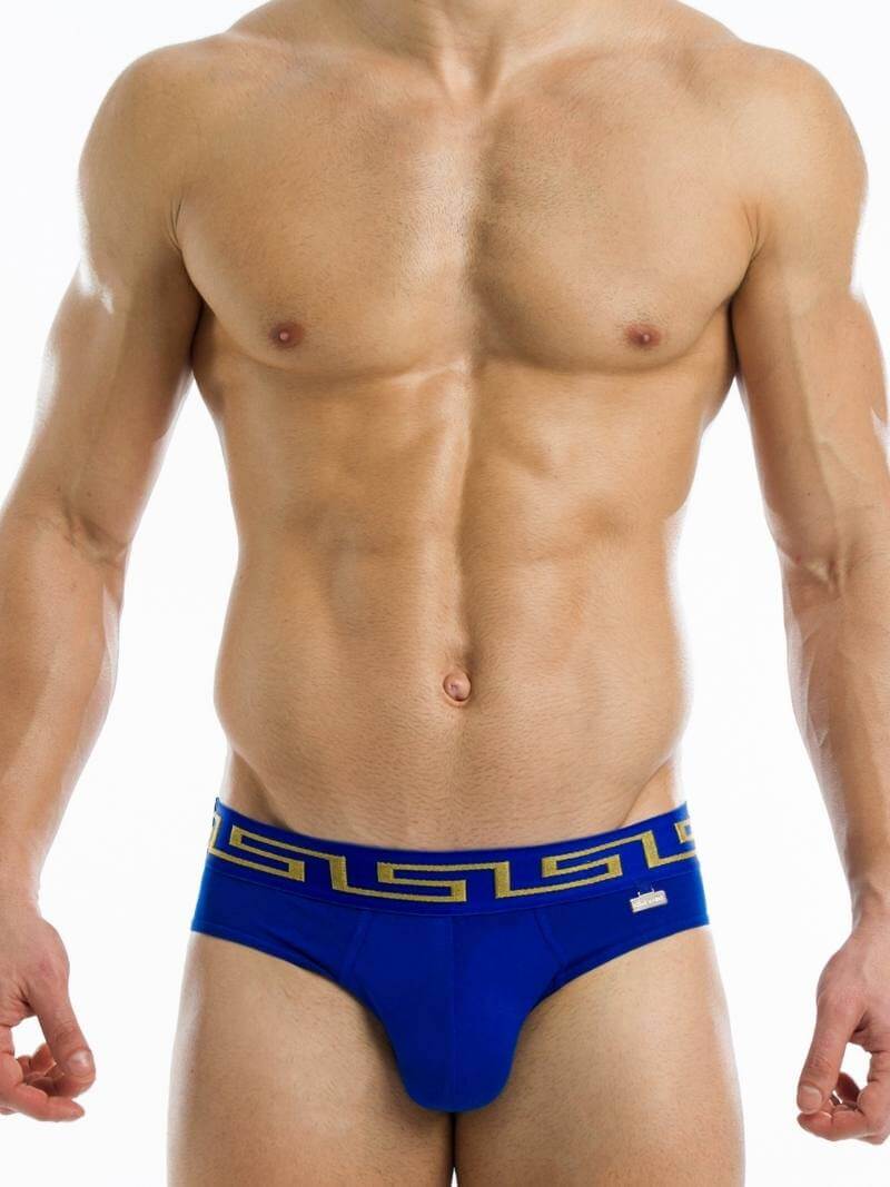 A model wearing black Modus Vivendi Meander briefs with a gold and silver Greek key print on the waistband and a brand charm logo.