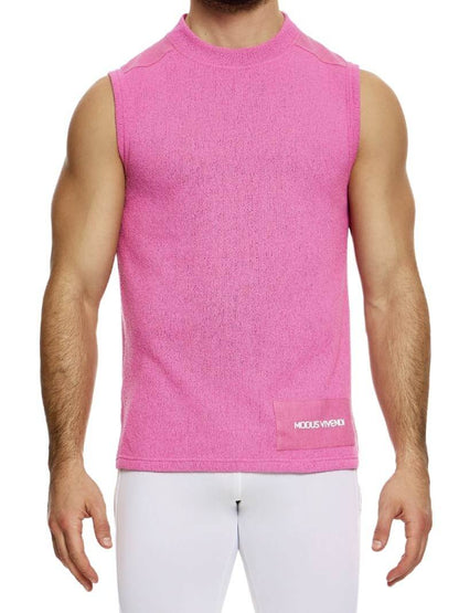 A male model wearing a white plain knit vest with a semi-turtle neck and long length.