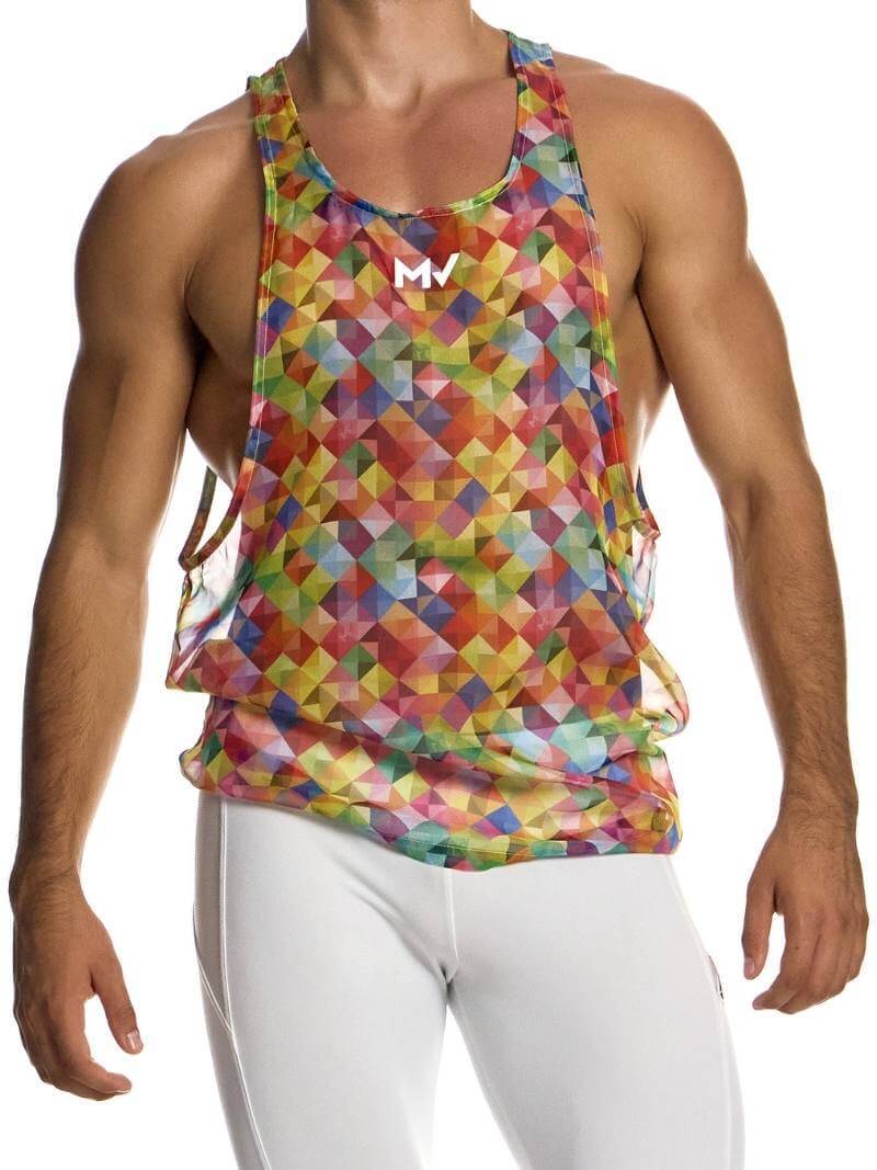Mens MODUS VIVENDI Geometric Rainbow Vest: Racerback, Lightweight, Long Length