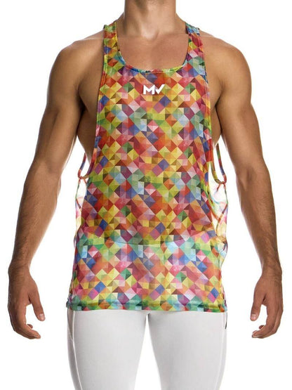 A male model wearing a multicolored geometric patterned sleeveless tank top with a racerback design and a white 'MV' logo on the chest.