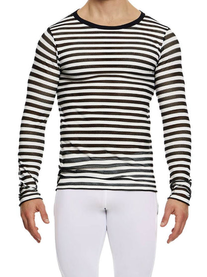 A long-sleeved top with black fishnet mesh and solid white stripes, round neck, and elastic trims on the sleeves.