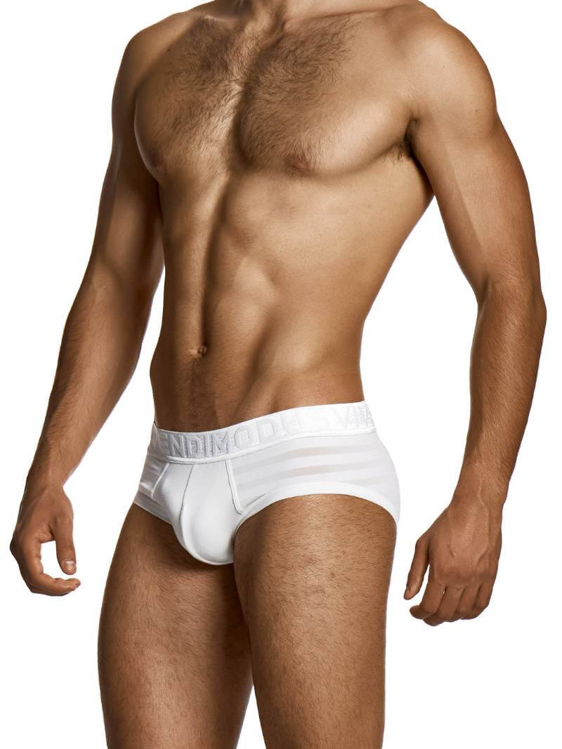 Man wearing a white underwear with brand logo on a white background