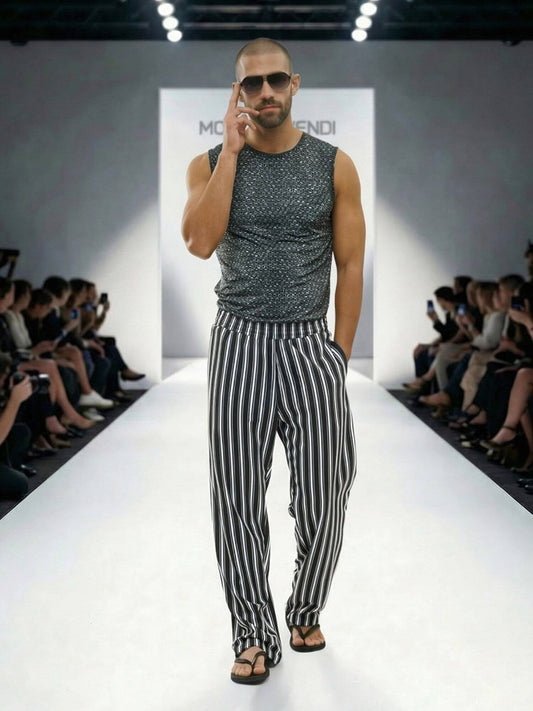 Model walking on a fashion show runway wearing a sleeveless top and striped pants.