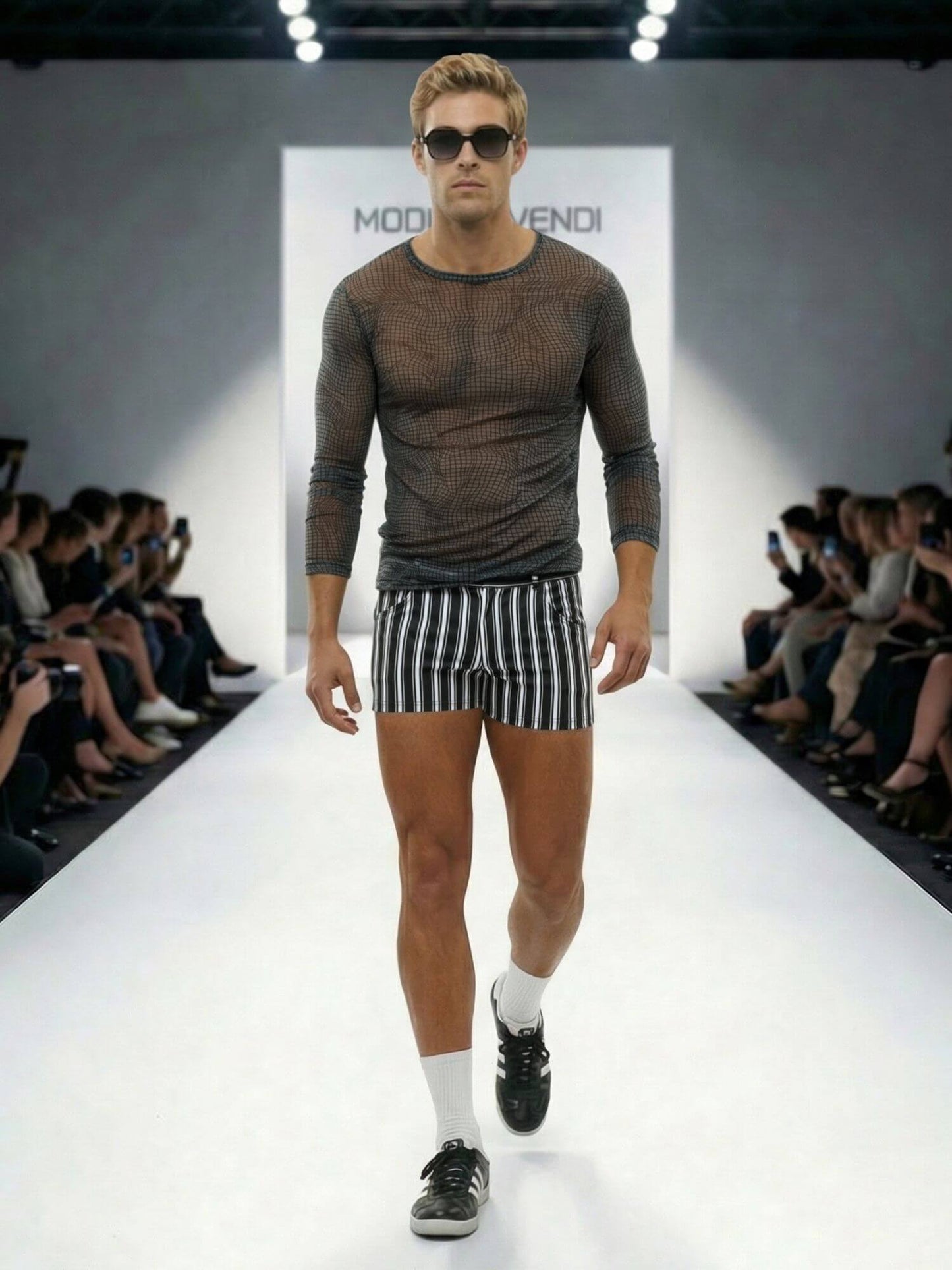 Man walking on a runway wearing a brown long-sleeve shirt and striped shorts, with 'Moda Operandi' branding in the background.