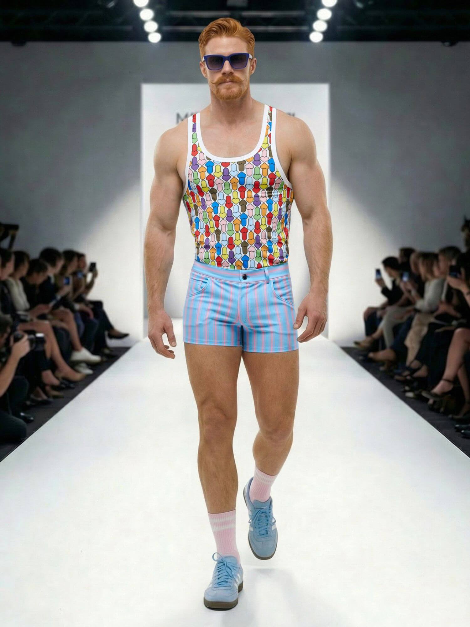 Man walking on a runway wearing a colorful tank top and striped shorts.