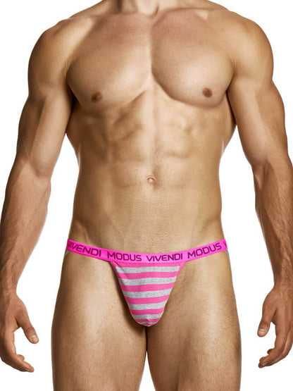 Man wearing pink and white striped underwear with 'Modus Vivendi' branding on a white background