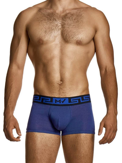Blue men's underwear with a black waistband on a white background