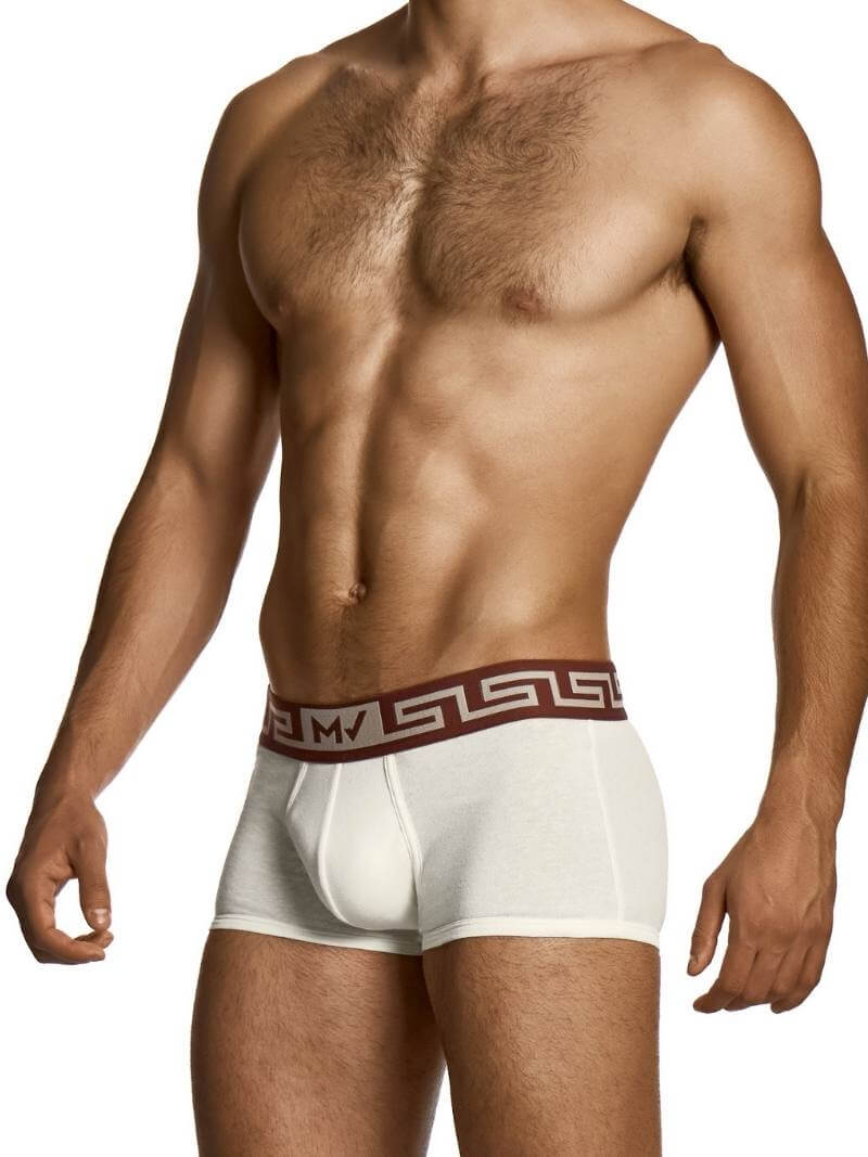Man wearing white boxer briefs with a red waistband on a white background