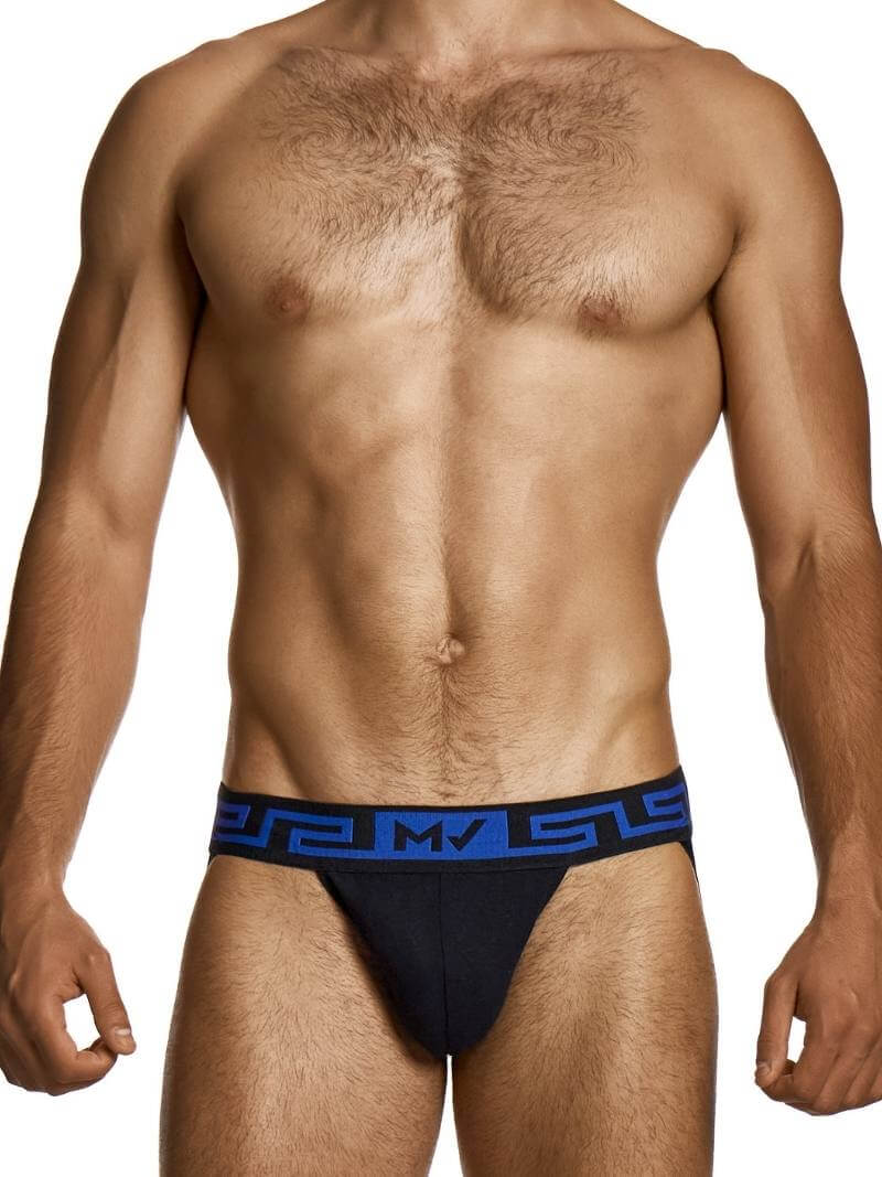Man wearing black underwear with blue waistband on a white background