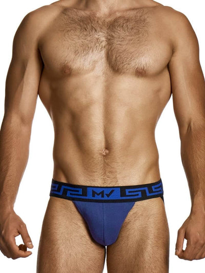 Man wearing blue men's underwear with a white background